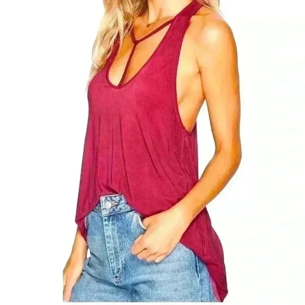 We The Free People Shirt Size S OB590450 Amelia Y-Strap Sleeveless T Burgundy